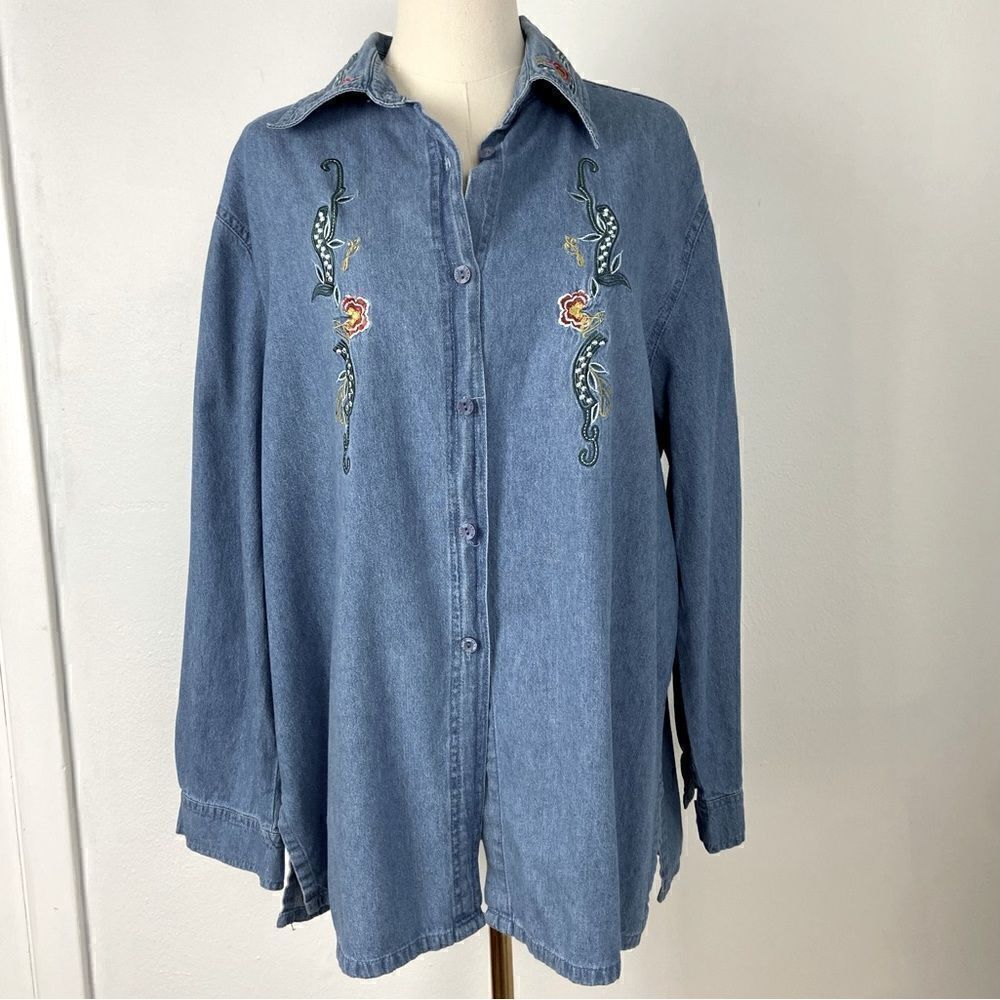 Passion-I Vintage Denim Button Down Shirt Long Sleeve Embroidered‎ Women’s 1X